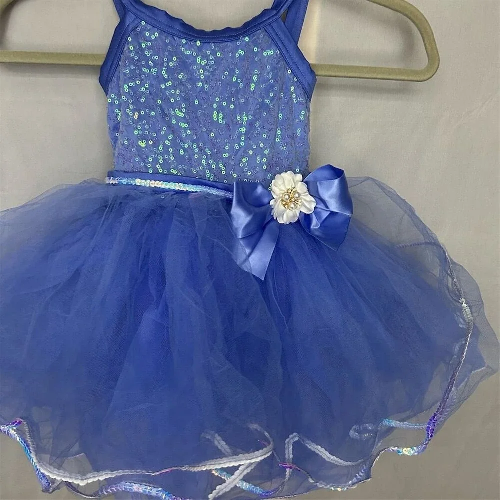 Weissman Dance Costume Kids XSC Blue Sequin Tutu Recital Dress with Hair Piece
